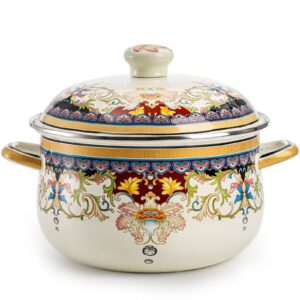 ZENFUN Kitchen Enamel Stockpot with Lid, 4.5 Quart Retro Flower Stew Bean Cooking Pot, Vintage Thicken Soup Pot with Handles, Nonstick, Safe for Induction Cookers, Gas Stove