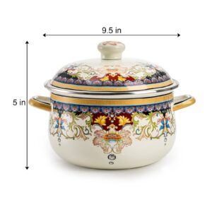 ZENFUN Kitchen Enamel Stockpot with Lid, 4.5 Quart Retro Flower Stew Bean Cooking Pot, Vintage Thicken Soup Pot with Handles, Nonstick, Safe for Induction Cookers, Gas Stove