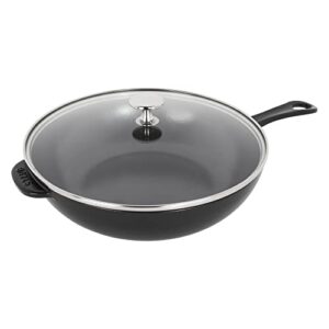 staub cast iron pan with lid 10-inch, 2.9 quart serves 2-3, fry pan, cast iron skillet, wok, made in france, matte black