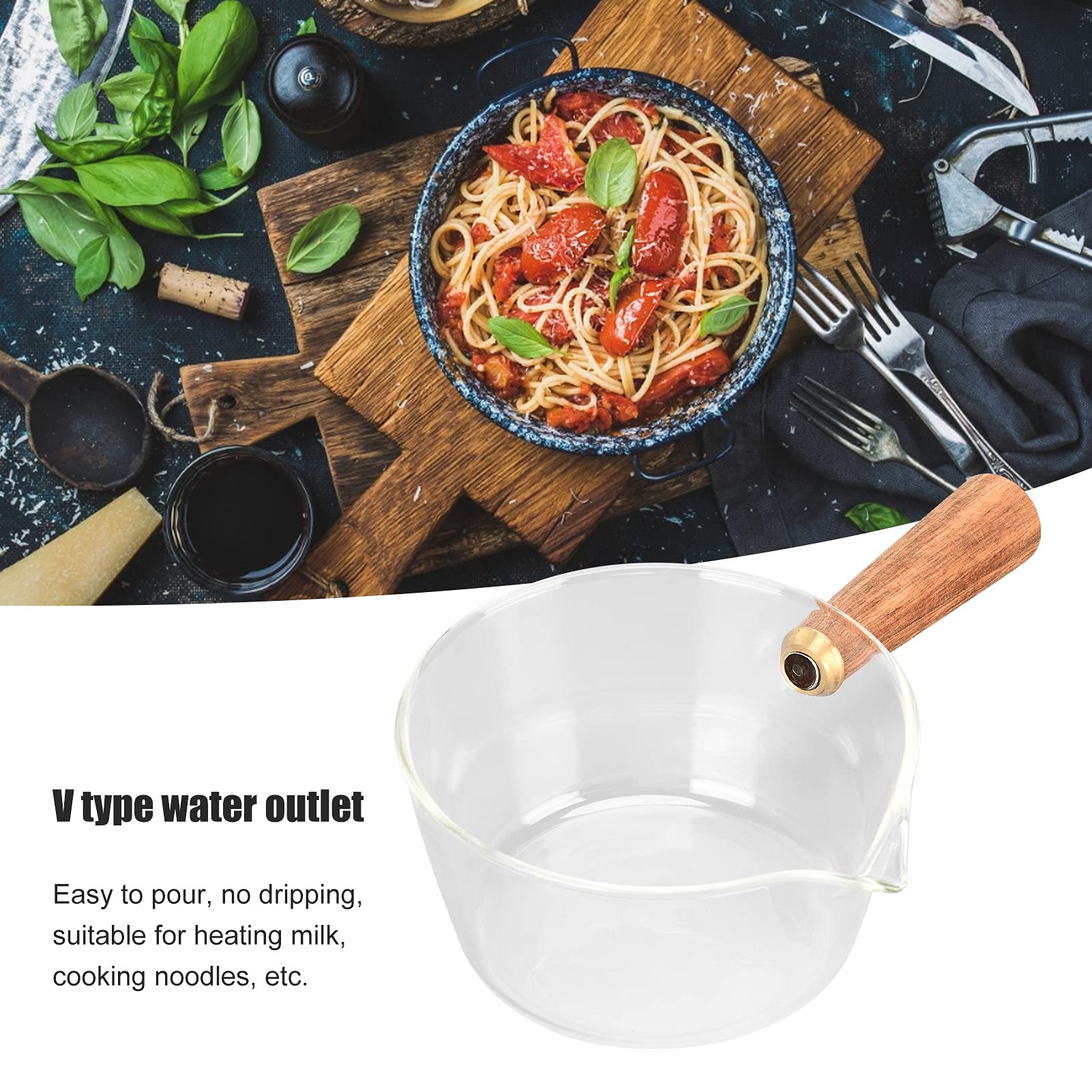 Glass Milk Pan with Wooden Handle,V Shaped Stovetop Pot,Nonstick Pasta Pot Borosilicate Glass Milk Pot,Saucepan Cooking Pot for Noodle Soup Milk Baby Food(400ml)