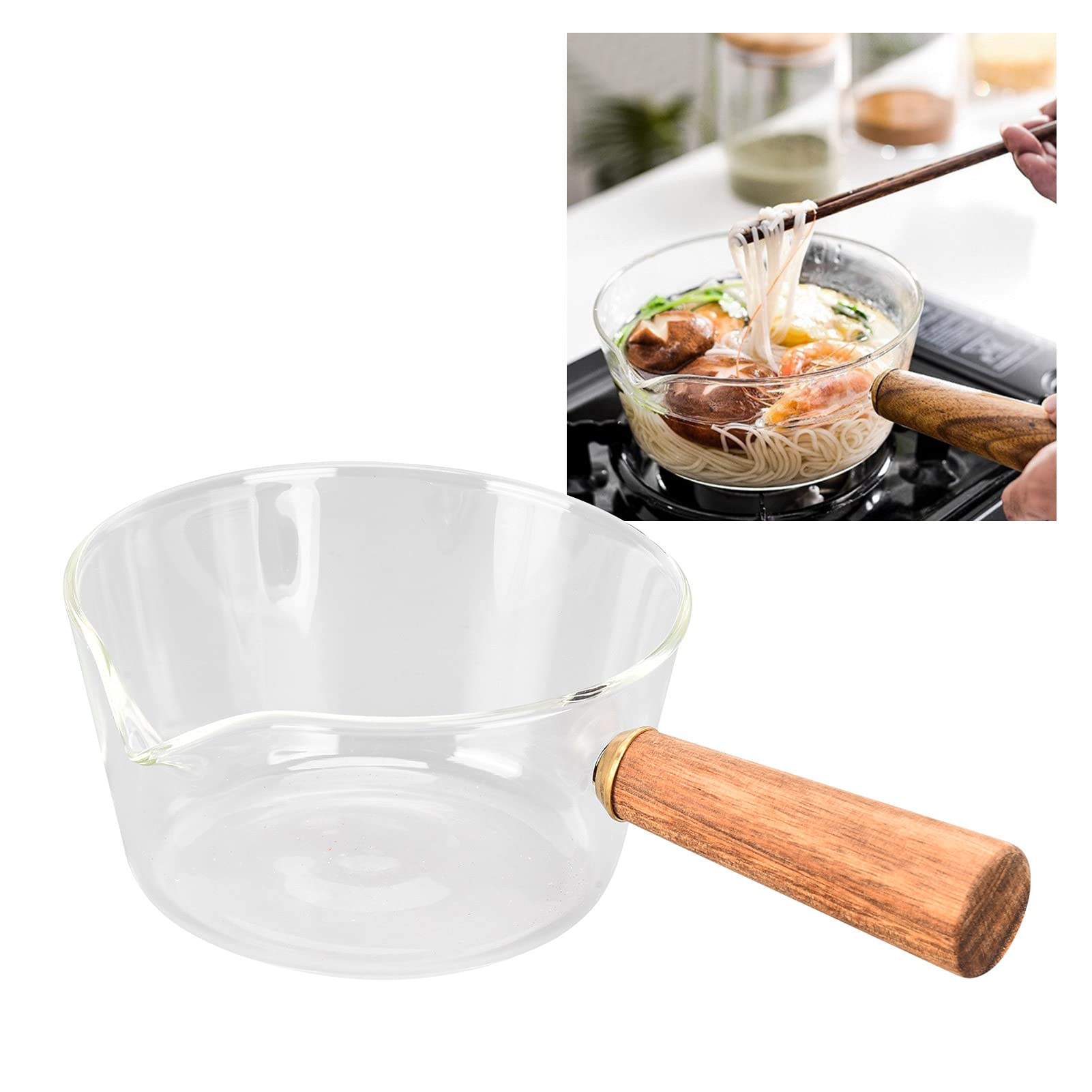 Glass Milk Pan with Wooden Handle,V Shaped Stovetop Pot,Nonstick Pasta Pot Borosilicate Glass Milk Pot,Saucepan Cooking Pot for Noodle Soup Milk Baby Food(400ml)