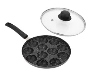 non stick aluminium appam maker pan 12 pits with glass lid, black