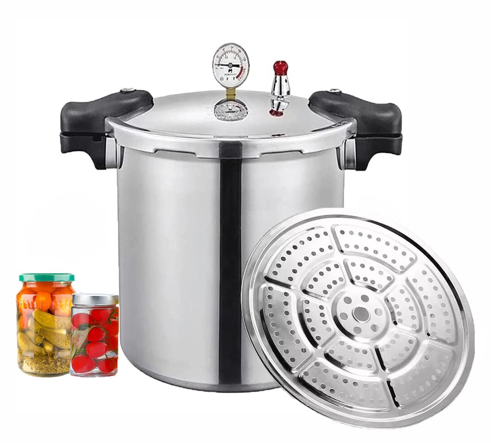 GHKWXUE 25 Quart Pressure Canner Cooker & Induction Compatible Built-in luxury digital pressure gauge With 1 steaming tray & Pressure release 13 PSI (+/- 5 Percent) Delivery from US