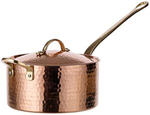 demmex 1.2mm thick hammered uncoated copper saucepan with lid & helper handle, food-safe tin lined (1.7-quart)