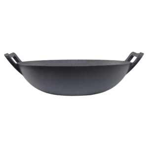 Cast Iron Wok with Handle - Seasoned 14 Inch Flat Bottom Wok for Deep Frying Pan with Flat Base for Stir-Fry, Grilling, Frying, Steaming - For Authentic Asian, Chinese Food