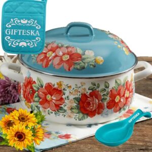 the pioneer woman 6.4-quart enamel on steel dutch oven with lid bundle with spoon rest and pot holder turquoise kitchen gadgets gift set (total 4 pc) the pioneer woman vintage floral kitchen gift sets for women