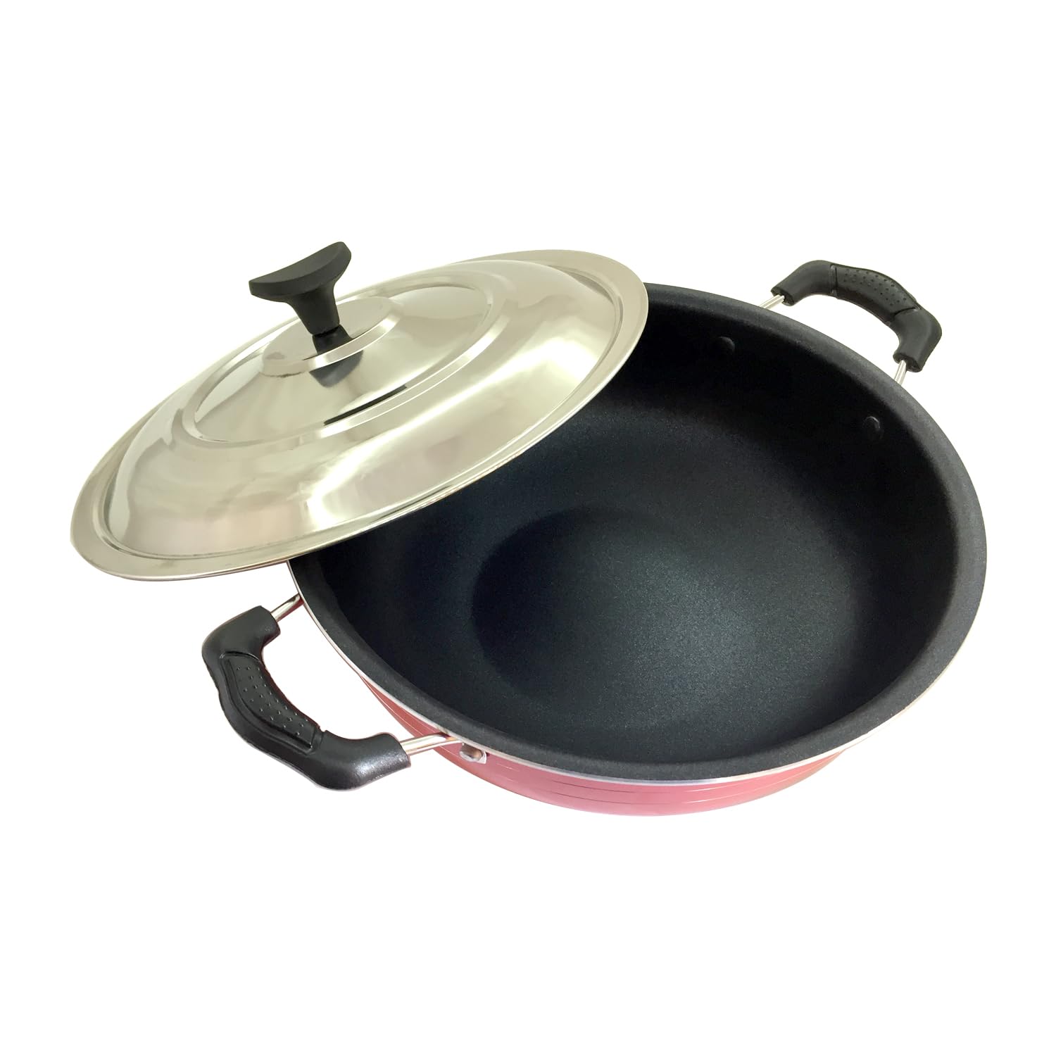 Non-Stick Aluminium Kadhai, Cooking Pan,Deep Fry Kadai, Non-Stick Kadai with Stainless Steel Lid, 2 Litres Free Scrubber & Paddle ( Red) ,Valentine Day Gifts