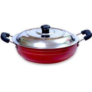 Non-Stick Aluminium Kadhai, Cooking Pan,Deep Fry Kadai, Non-Stick Kadai with Stainless Steel Lid, 2 Litres Free Scrubber & Paddle ( Red) ,Valentine Day Gifts