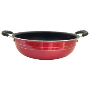Non-Stick Aluminium Kadhai, Cooking Pan,Deep Fry Kadai, Non-Stick Kadai with Stainless Steel Lid, 2 Litres Free Scrubber & Paddle ( Red) ,Valentine Day Gifts