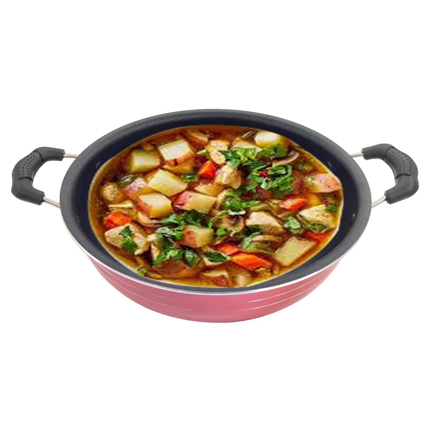 Non-Stick Aluminium Kadhai, Cooking Pan,Deep Fry Kadai, Non-Stick Kadai with Stainless Steel Lid, 2 Litres Free Scrubber & Paddle ( Red) ,Valentine Day Gifts