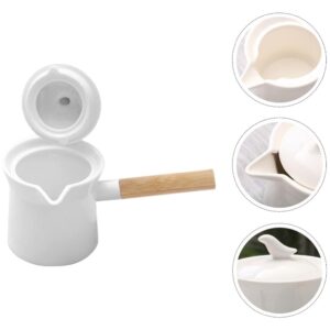 Cabilock Milk Pan Sauce Pan Butter Warmer Noodle Bowl 350ml Ceramic Mini Cooking Pot with Wood Handle for Noodle Butter Coffee Baby Food - White