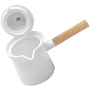 Cabilock Milk Pan Sauce Pan Butter Warmer Noodle Bowl 350ml Ceramic Mini Cooking Pot with Wood Handle for Noodle Butter Coffee Baby Food - White