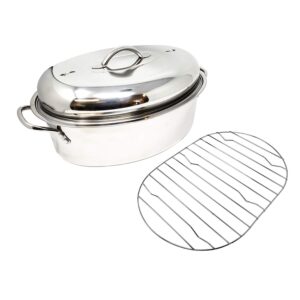 stainless steel oval lidded roaster pan extra large & lightweight with lid & wire rack | multi-purpose oven cookware high dome | meat joints chicken vegetables 9.5 quart capacity