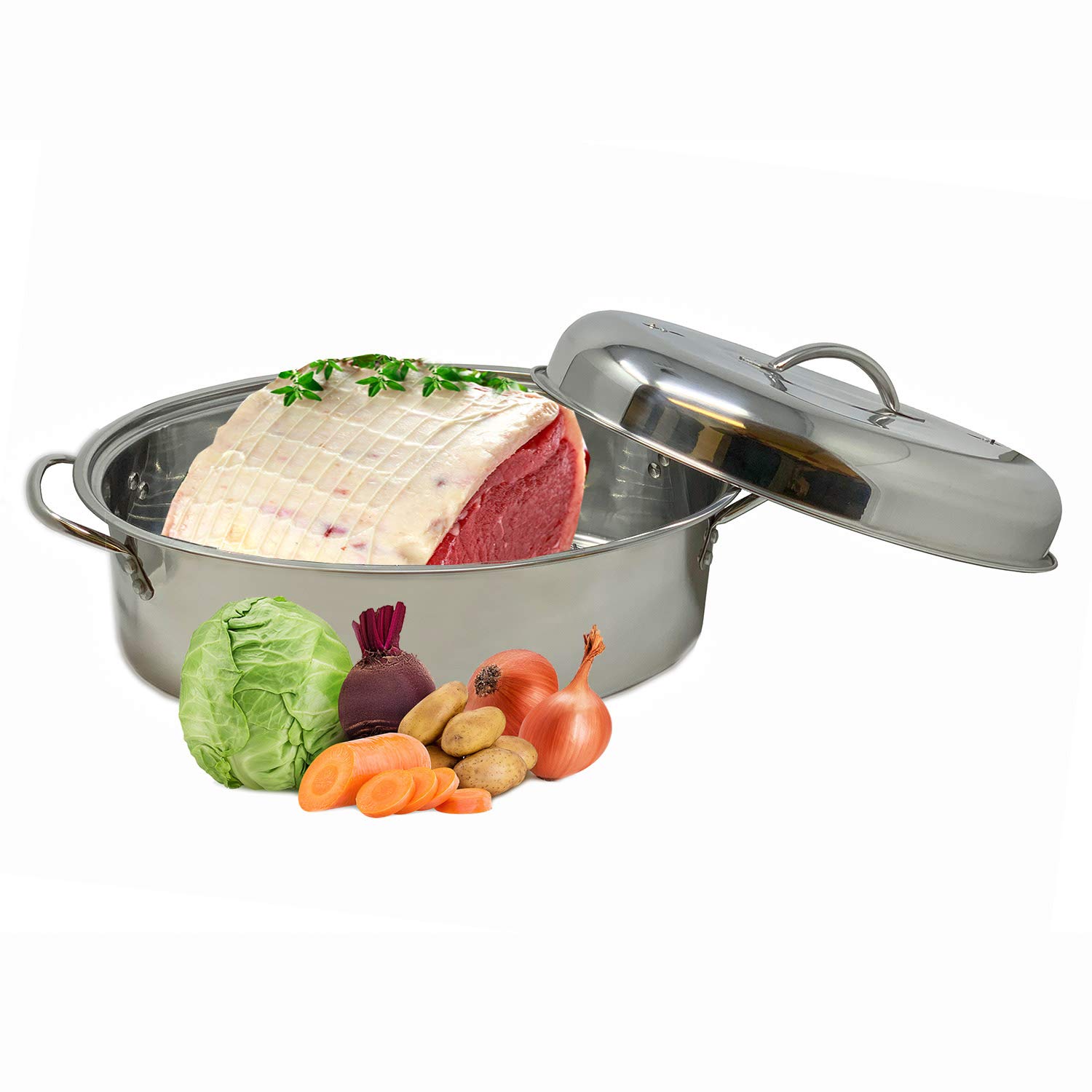 Stainless Steel Oval Lidded Roaster Pan Extra Large & Lightweight With Lid & Wire Rack | Multi-Purpose Oven Cookware High Dome | Meat Joints Chicken Vegetables 9.5 Quart Capacity