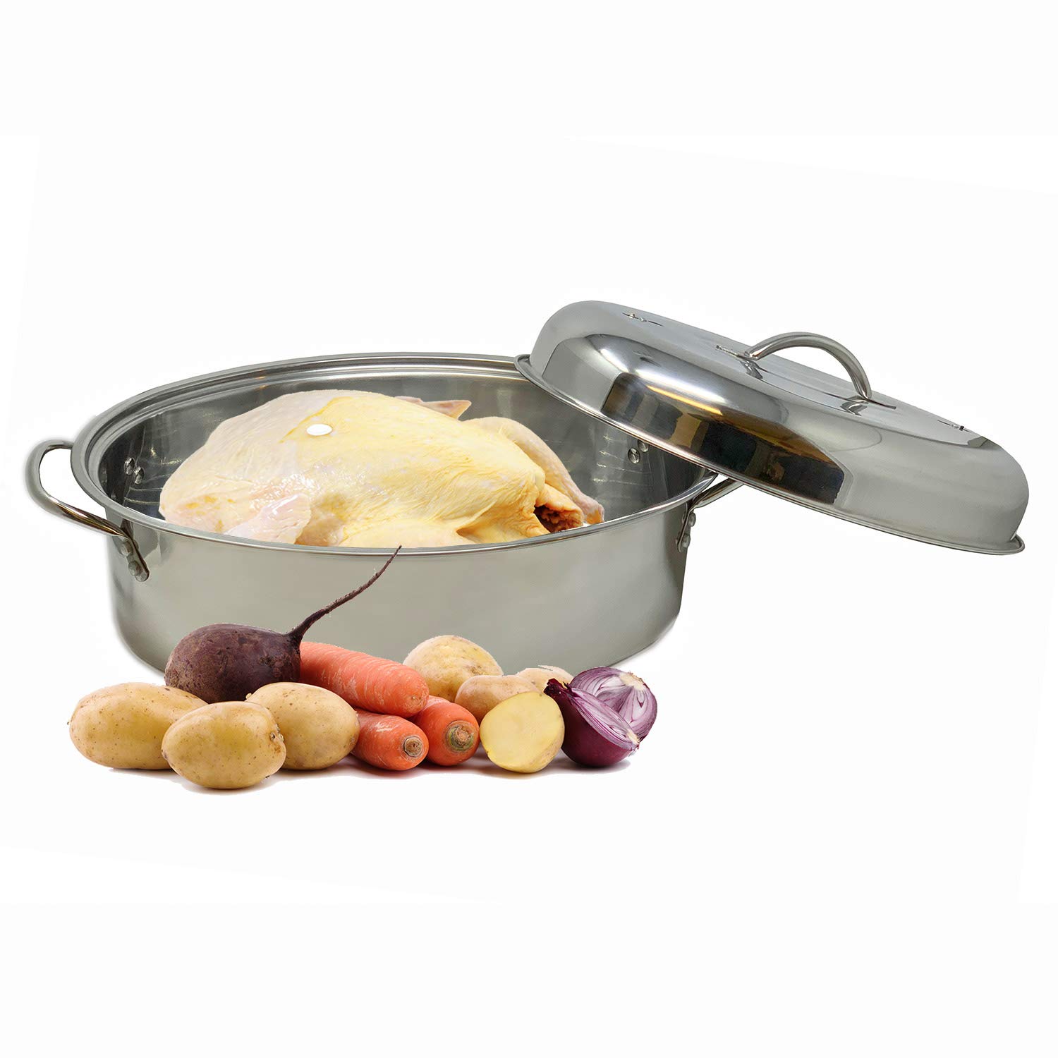 Stainless Steel Oval Lidded Roaster Pan Extra Large & Lightweight With Lid & Wire Rack | Multi-Purpose Oven Cookware High Dome | Meat Joints Chicken Vegetables 9.5 Quart Capacity