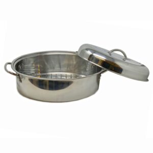 Stainless Steel Oval Lidded Roaster Pan Extra Large & Lightweight With Lid & Wire Rack | Multi-Purpose Oven Cookware High Dome | Meat Joints Chicken Vegetables 9.5 Quart Capacity