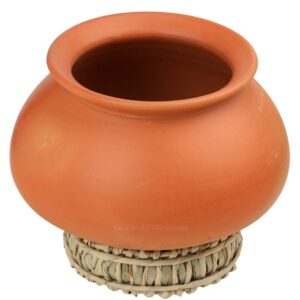 Swadeshi Blessings HandMade Exclusive Range Unglazed Mud/Earthen Handi/Mitti Ke Bartan/Clay Pot for Cooking & Serving with Lid, 3 Liters (with Mirror Shine) + Free Palm Leaf Stand