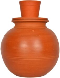 village decor handmade earthen clay water pot with lid and glass (capacity 6000 ml / 202 oz)