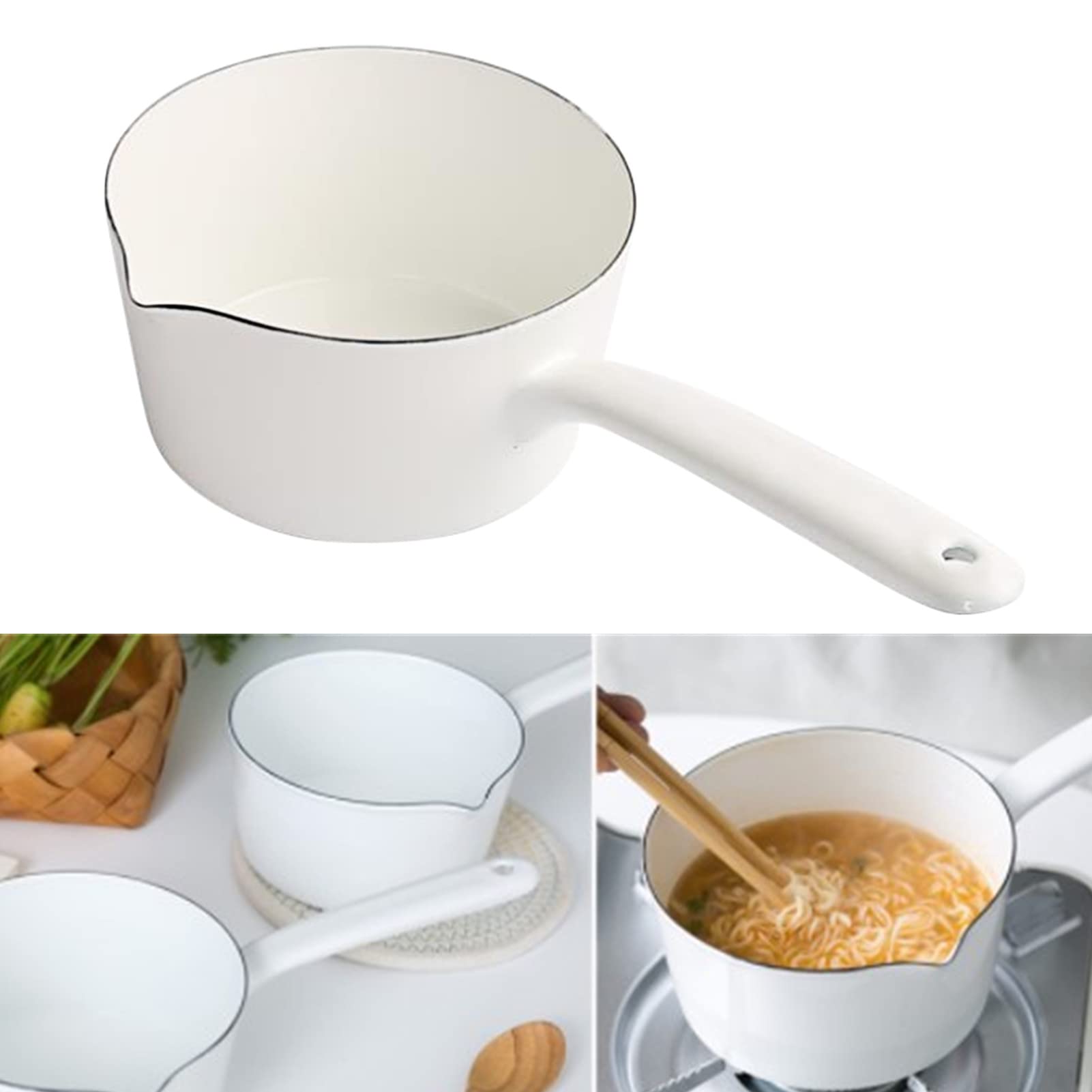 1.2L Saucepan, Nonstick Milk Pan with Pour Spouts, Butter Warmer, Melting Milk Boiling Porridge Soup Saucepan Gas Stove Enamel Milk Pot with Handle for Home Kitchen(White)