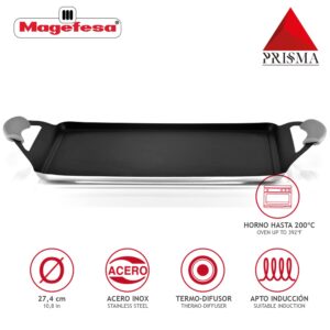 MAGEFESA Prisma – 10.8 inches Teppanyaki Griddle pan, made in 18/10 stainless steel, triple layer non-stick, for all types of kitchens, INDUCTION, dishwasher and oven safe up to 392 ºF