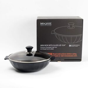 MOOSSE Premium Enameled Cast Iron Mini Wok Pan with Lid for Induction Cooktop, Stove, No Seasoning Required, 10.4” (26 cm)