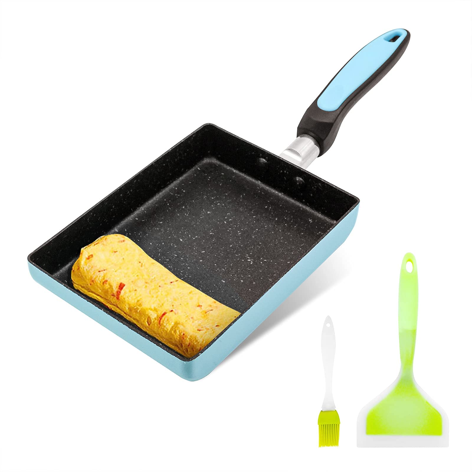 Japanese Tamagoyaki Omelette Egg Pan（blue）, 7" x 6" inch Non-stick Coating Retangle Small Frying Pan, Gas Stove and Induction Hob Compatible, Dishwasher Safe, with Silicone Spatula & Brush（green)