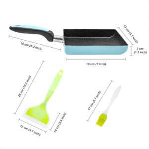 Japanese Tamagoyaki Omelette Egg Pan（blue）, 7" x 6" inch Non-stick Coating Retangle Small Frying Pan, Gas Stove and Induction Hob Compatible, Dishwasher Safe, with Silicone Spatula & Brush（green)