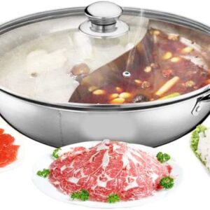 LP Living Plus Dual Sided Stainless Steel Shabu Shabu Hot Pot with Glass Lid, 30cm