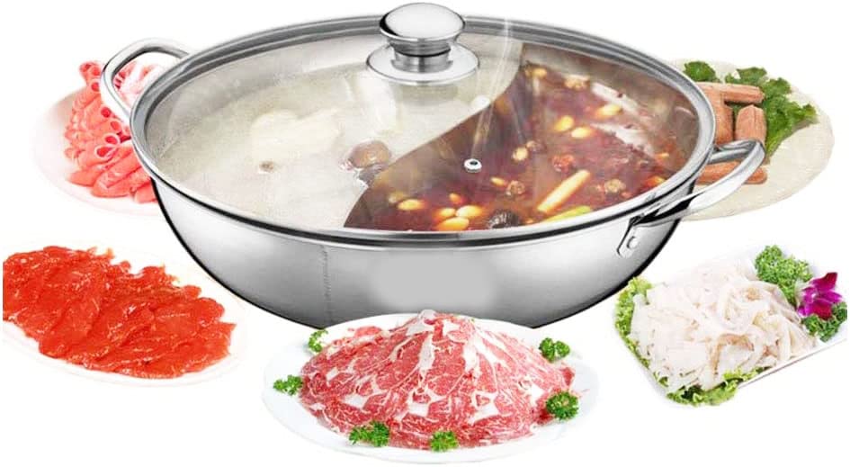 LP Living Plus Dual Sided Stainless Steel Shabu Shabu Hot Pot with Glass Lid, 30cm