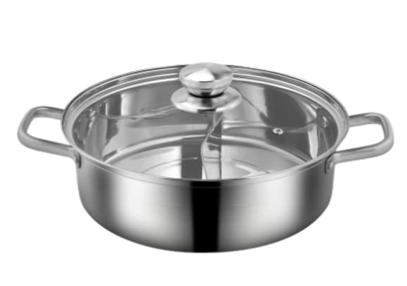 LP Living Plus Dual Sided Stainless Steel Shabu Shabu Hot Pot with Glass Lid, 30cm