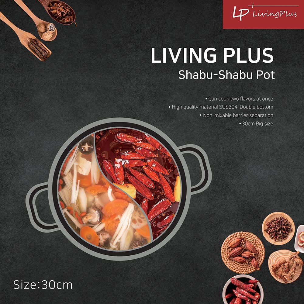 LP Living Plus Dual Sided Stainless Steel Shabu Shabu Hot Pot with Glass Lid, 30cm