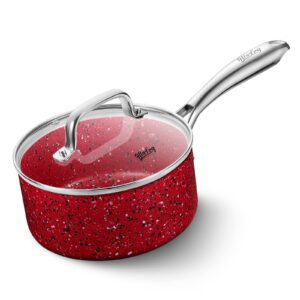 hlafrg cookware infused granite nonstick, 2qt saucepan pot with lid, pfas-free, suitable for all cooktop, oven safe, red