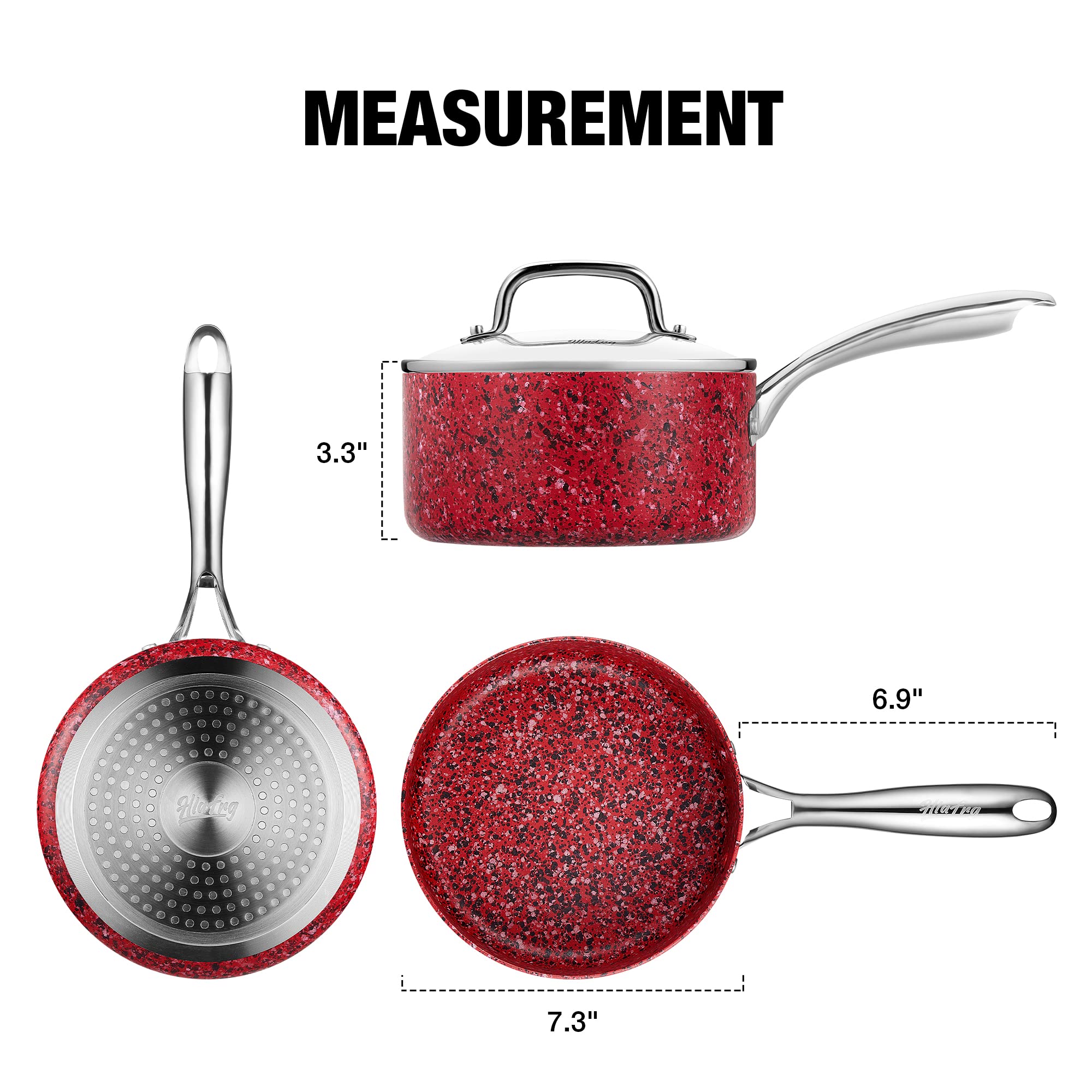 Hlafrg Cookware Infused Granite Nonstick, 2QT Saucepan Pot with Lid, PFAS-Free, Suitable for all cooktop, Oven Safe, Red