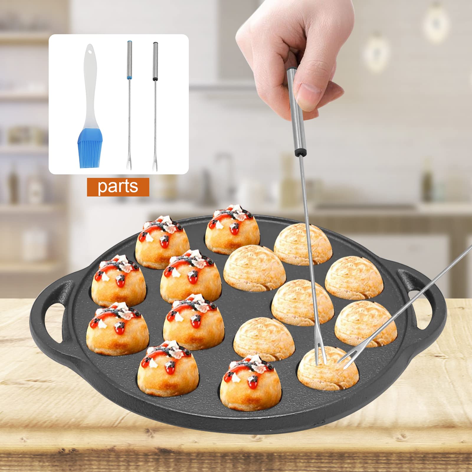 Cast Iron Takoyaki Pan,15 Hole NonStick Octopus Ball Maker Round Cooking Plate 1.5" Half Sphere Takoyaki Maker