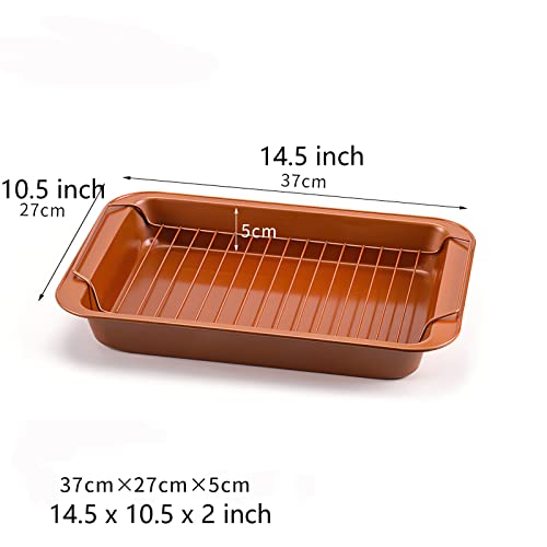 Nonstick Steel Roaster with Flat Rack Dishwasher Safe Large 14.5x10.5x2 inch PFOA Free Nonstick Roaster with Rack Cookware (14.5x10.5x2 inch, Gold)