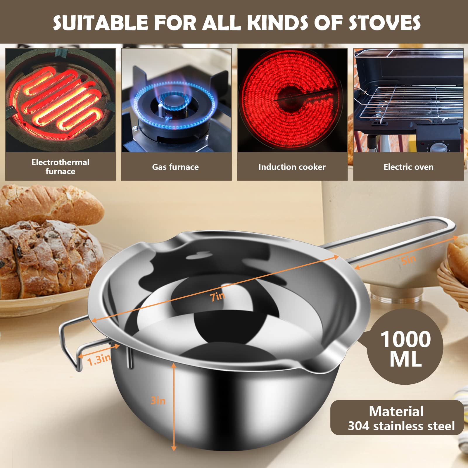 Artcome 5pcs Double Boiler Melting Pot Set - 600ML/0.6QT and 1000ML/1QT Chocolate Stainless Steel Melting Pot, Decorating Spoons, Silicone Spatula and Dipping Tool for Melting Chocolate, Candy, Soap