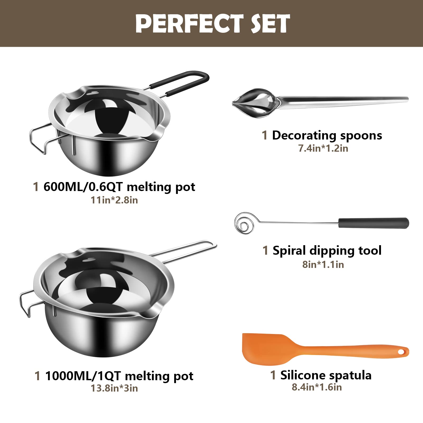 Artcome 5pcs Double Boiler Melting Pot Set - 600ML/0.6QT and 1000ML/1QT Chocolate Stainless Steel Melting Pot, Decorating Spoons, Silicone Spatula and Dipping Tool for Melting Chocolate, Candy, Soap