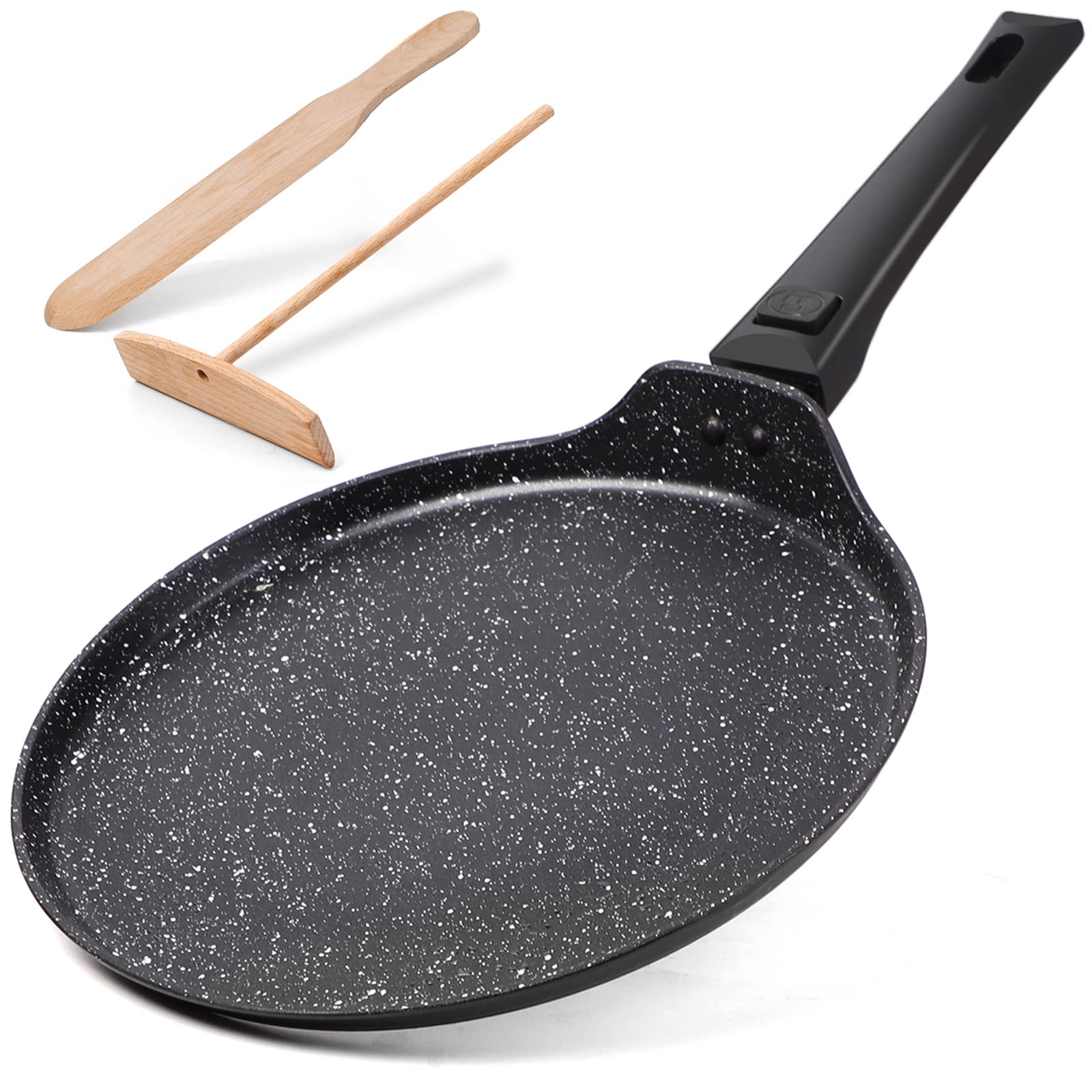 Clatine Nonstick Crepe Pan, 11 Inch Dosa Griddle Tawa Pan for Pancake & Tortillas, Granite Cookware with Detachable Handle & Spreader Spatula, Breakfast Flat Frying Pan Skillet for Induction Stove Top