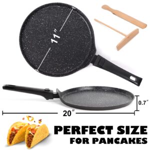 Clatine Nonstick Crepe Pan, 11 Inch Dosa Griddle Tawa Pan for Pancake & Tortillas, Granite Cookware with Detachable Handle & Spreader Spatula, Breakfast Flat Frying Pan Skillet for Induction Stove Top