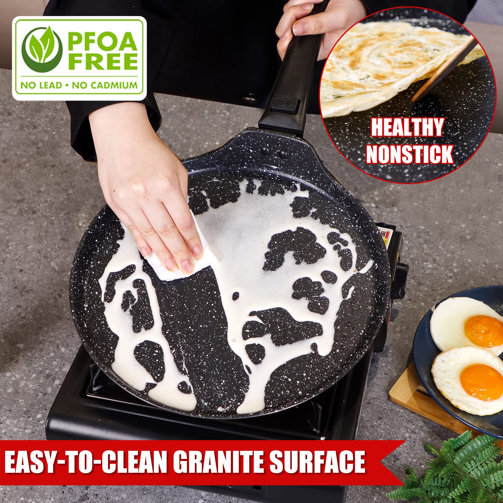 Clatine Nonstick Crepe Pan, 11 Inch Dosa Griddle Tawa Pan for Pancake & Tortillas, Granite Cookware with Detachable Handle & Spreader Spatula, Breakfast Flat Frying Pan Skillet for Induction Stove Top