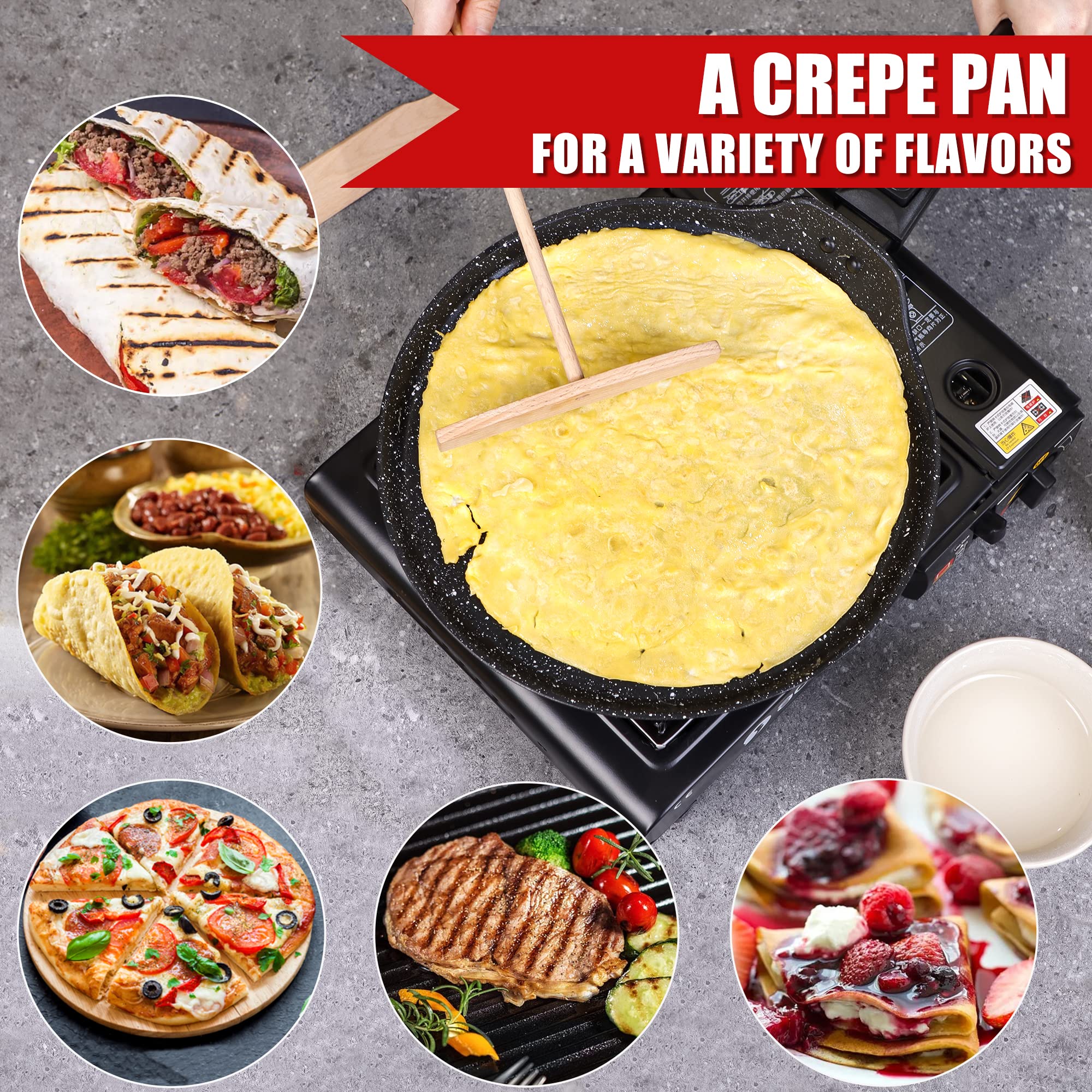 Clatine Nonstick Crepe Pan, 11 Inch Dosa Griddle Tawa Pan for Pancake & Tortillas, Granite Cookware with Detachable Handle & Spreader Spatula, Breakfast Flat Frying Pan Skillet for Induction Stove Top