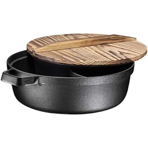 bruntmor pre-seasoned 2-in-1 cast iron big pot with lightweight wooden lid. non-stick round skillet wok. round bottom wok pan with lid for shabu shabu hot pot. 5 quart, black