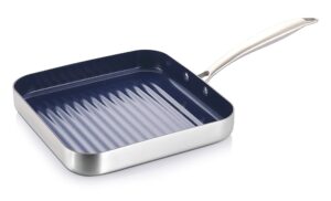 eternal living nonstick frying pans grill pan stainless steel and ceramic infused square griddle, blue 9.5”