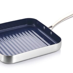 Eternal Living Nonstick Frying Pans Grill Pan Stainless Steel and Ceramic Infused Square Griddle, Blue 9.5”