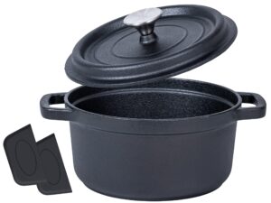 bruntmor 2.3 quart pre-seasoned cast iron dutch oven with handles, lid and silicone accessories, 2.3 qt black cast iron skillet, pre-seasoned shallow cookware braising pan for casserole dish