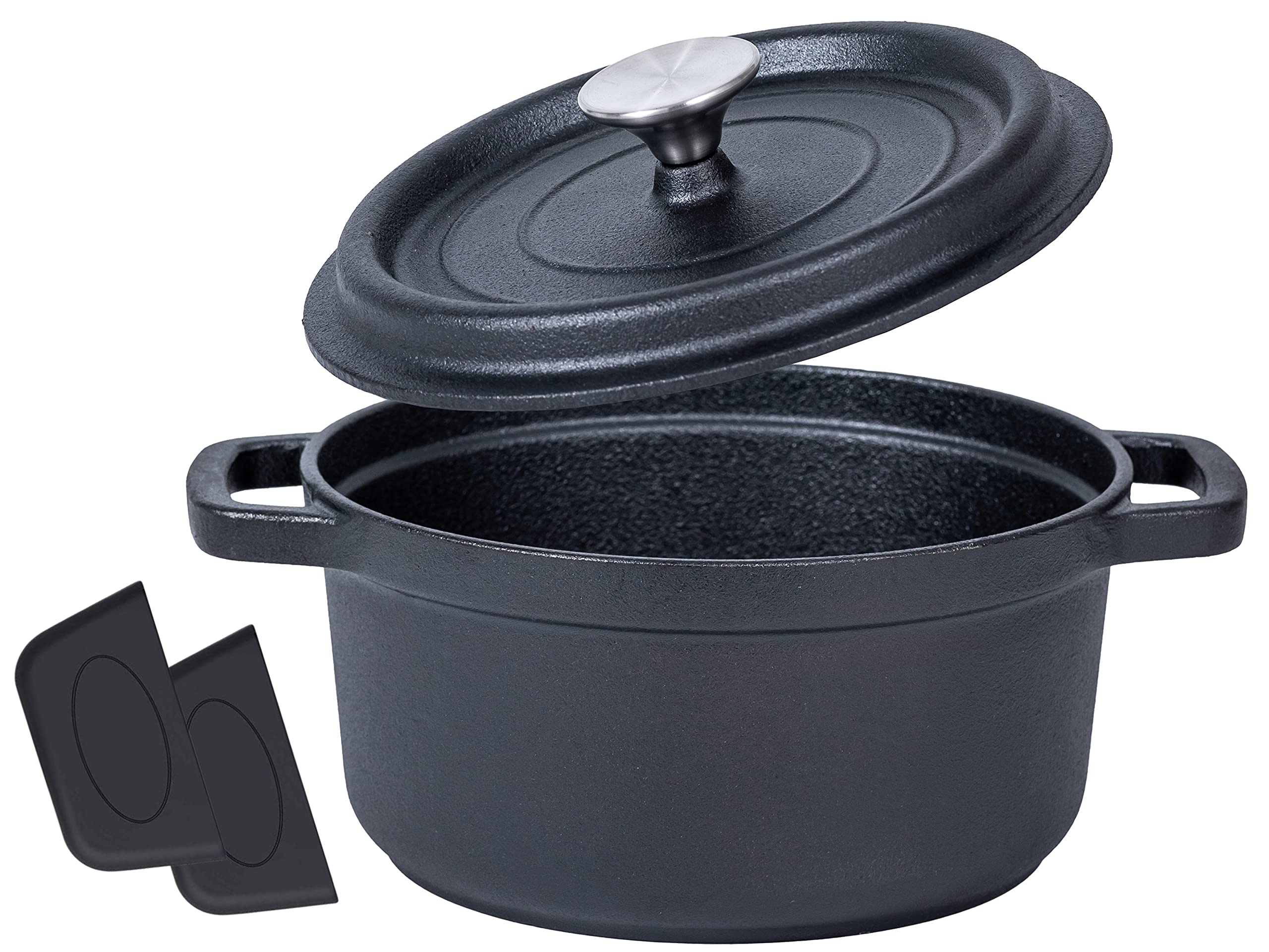 Bruntmor 2.3 Quart Pre-seasoned Cast Iron Dutch Oven With Handles, Lid And Silicone Accessories, 2.3 Qt Black Cast Iron Skillet, Pre-seasoned Shallow Cookware Braising Pan For Casserole Dish