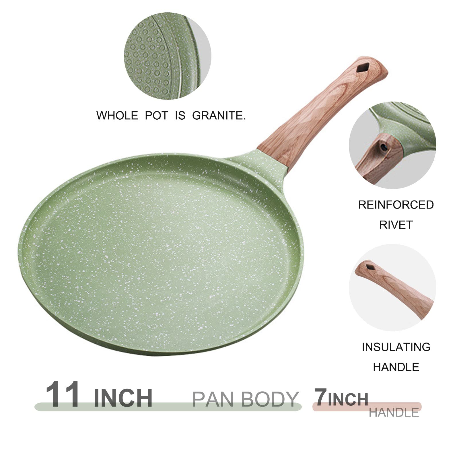 11 Inch Frying Pan Non-Stick Steak Pancake Cooking Breakfast Maker Crepe Pan Pancake Pan Household Wooden Handle Egg Griddle Pan