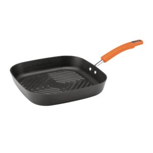 rachael ray brights hard anodized nonstick square griddle, grill pan (11-inch), gray with orange handles