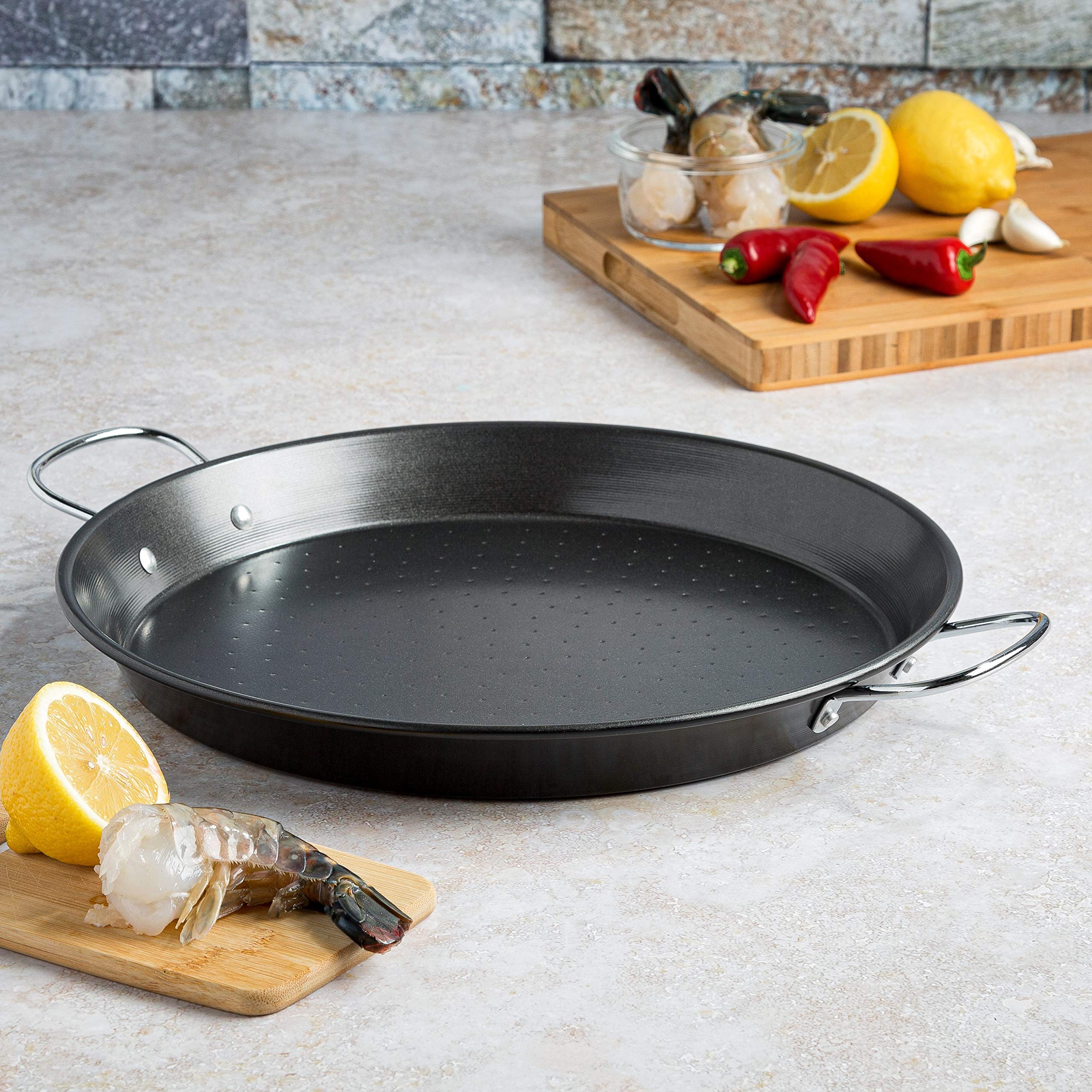 Ecolution Sol Paella Pan – Eco-Friendly PFOA Free Hydrolon Non-Stick – Heavy Duty Carbon steel with Riveted Chrome Plated Handles – Dishwasher Safe – Limited – Black– 15” Diameter