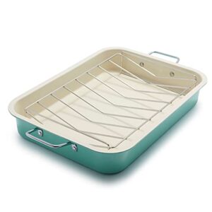 greenlife soft grip healthy ceramic nonstick, 16.5" x 12" roasting pan with stainless steel roaster rack, pfas-free, dishwasher safe, turquoise
